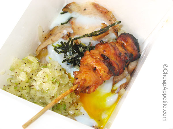 Pork Toro with Onion Sauce and Soft boiled egg with Chicken Yakitori at Kushi Box